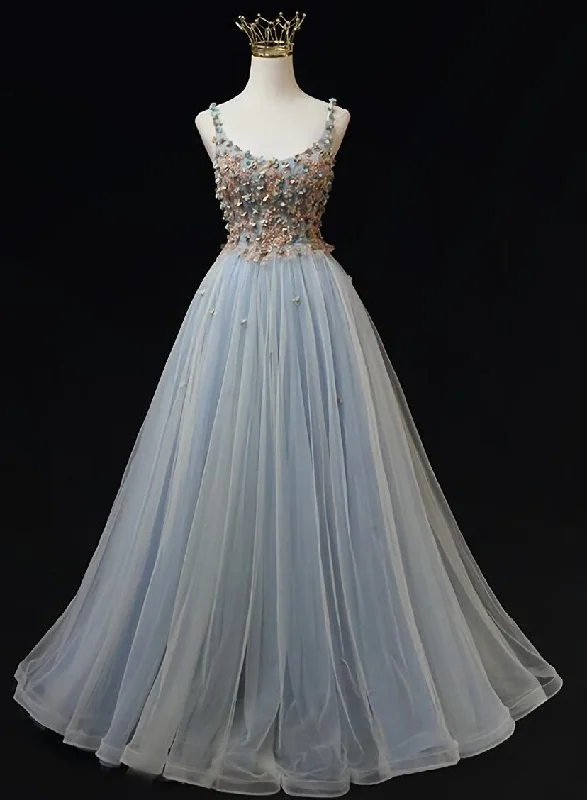Blue Tulle with Flowers Straps Long Evening Dress, Blue Prom Party Dresses Crew Neckline Sporty
