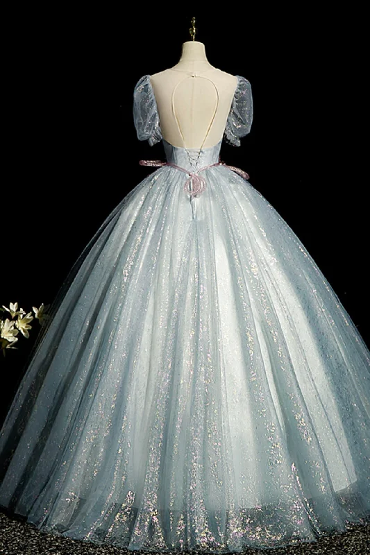 Blue Shiny Tulle Long Prom Dress with Sequins, A-Line Short Sleeve Party Dress Tunics Essential wardrobe