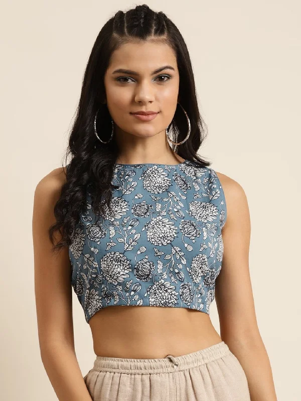Women's Blue Floral Sleeveless Crop Top - SHAE Boxy Fit Fitted Loose