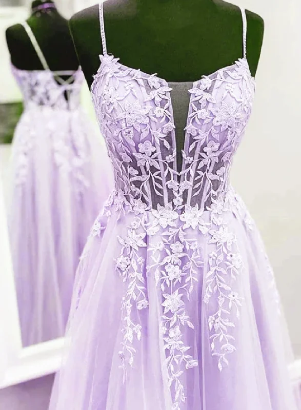 Lavender Lace Applique Tulle A-line Party Dress, Floor Length Evening Gown Crew Neckline Casual