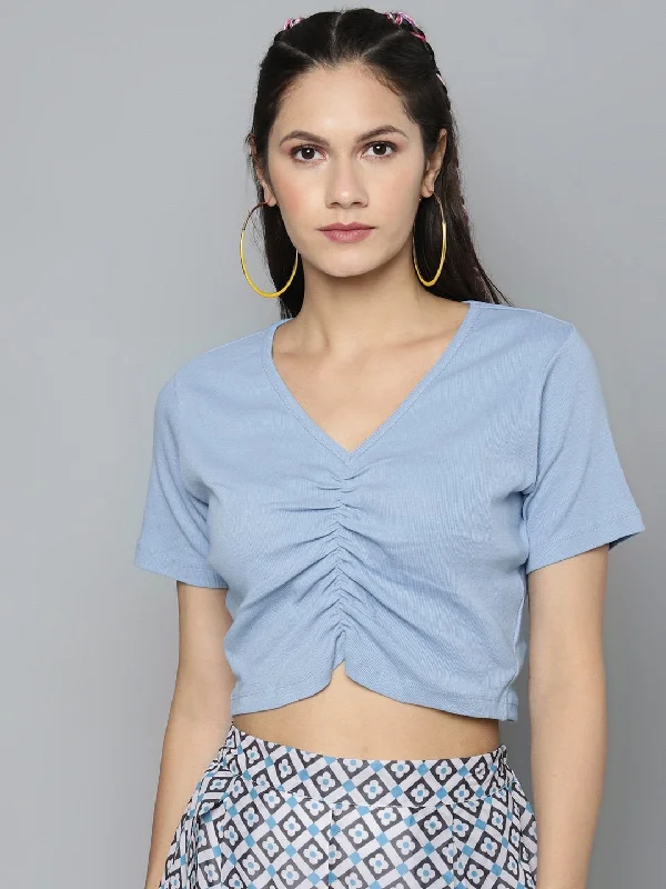 Women's Blue Gather Detail Crop Top - SASSAFRAS Spandex Blend Rayon Blend Denim Blend