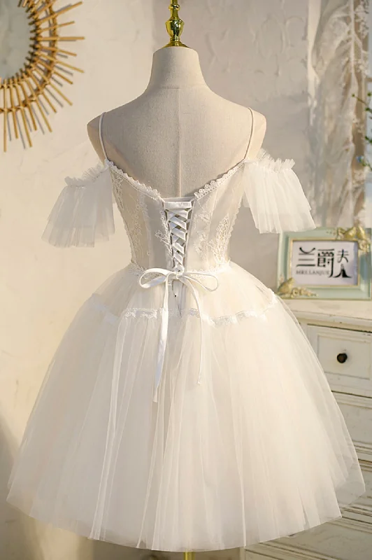 Champagne Spaghetti Straps Lace Short Prom Dress,  A-Line Party Dress Tunics Sophisticated sleek