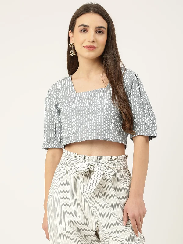 Women's Graphic Printed  Trendy Grey Fitted Crop Top,Has A Square Neck, Short Sleeves And Zip Closure  - Deckedup Real Fur Shearling Chenille