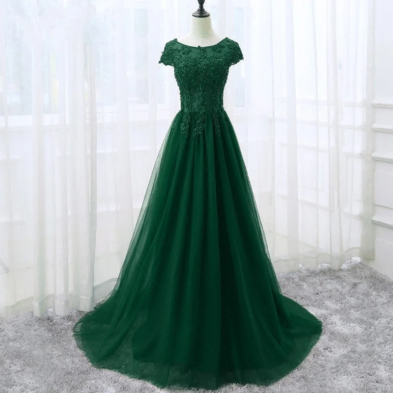 Elegant Cap Sleeve Lace Applique Tulle Party Dress, Prom Gowns Glittery Long Formal