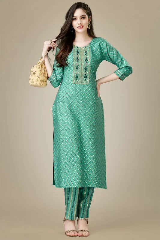 Sea Green Color Rayon Rayon Fabric Kurti With Pant Comfy High-Waist Jeans