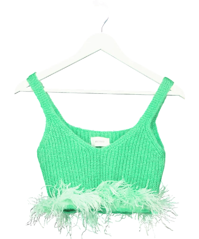 Vicolo Green Ribbed Crop Top With Feathers One Size Satin Blend Silk Blend Wool Blend