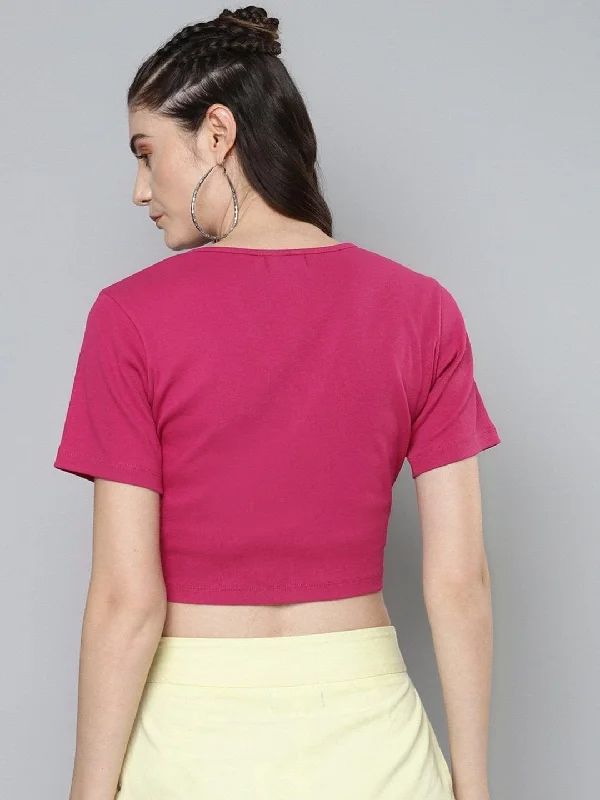 Women's Fuchsia Rouched Crop Top - SASSAFRAS Mesh Canvas Denim