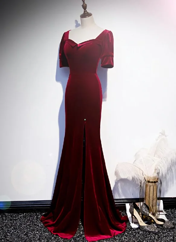 Wine Red Velvet Mermaid Long Evening Party Dresses, Dark Red Velvet Formal Dresses Tunics Velvet soft