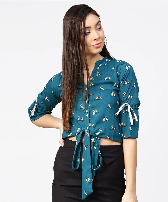 Women's Teal Blue 3/4Th Sleeve Front Open Crop Top With Dori & Belt - Nayo Clothing Cozy Warm Stylish