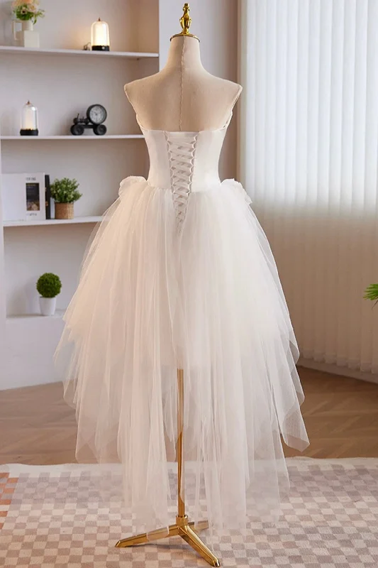 Unique White Strapless Irregular Tulle Short Prom Dress, White Party Dress Tunics Summer linen