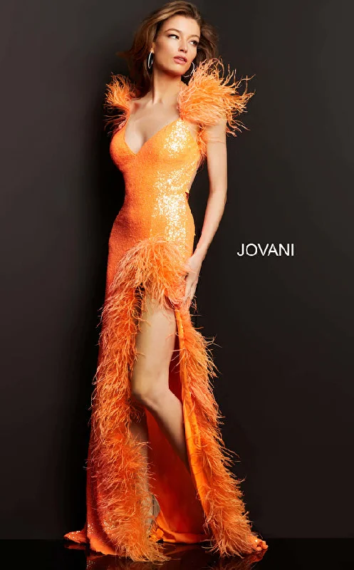 Jovani 06164 Orange Sequin and Feather Fitted Prom Dress Tunics Travel practical