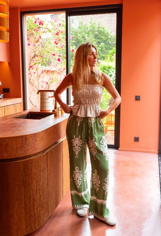 Green Patterned Alena Pants High-Waist Trousers