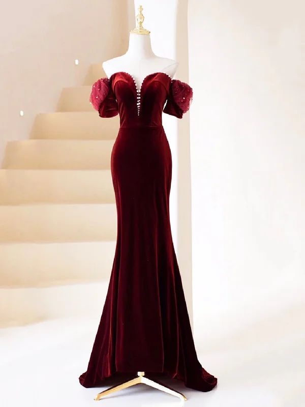 Burgundy Velvet Long Prom Dress, Mermaid Off Shoulder Evening Party Dress Tunics Sophisticated sleek