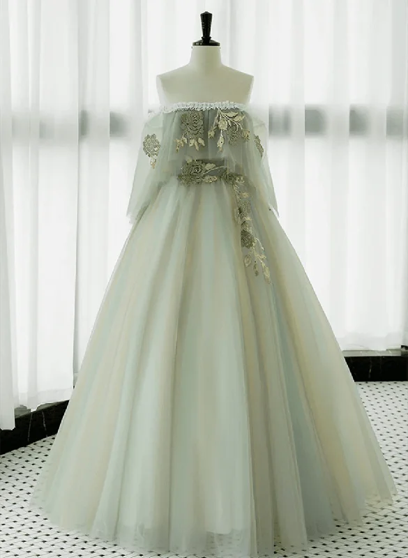 Light Green Off Shoulder Tulle with Lace Long Prom Dress, A-line Green Party Dress Tunics Fall fleece