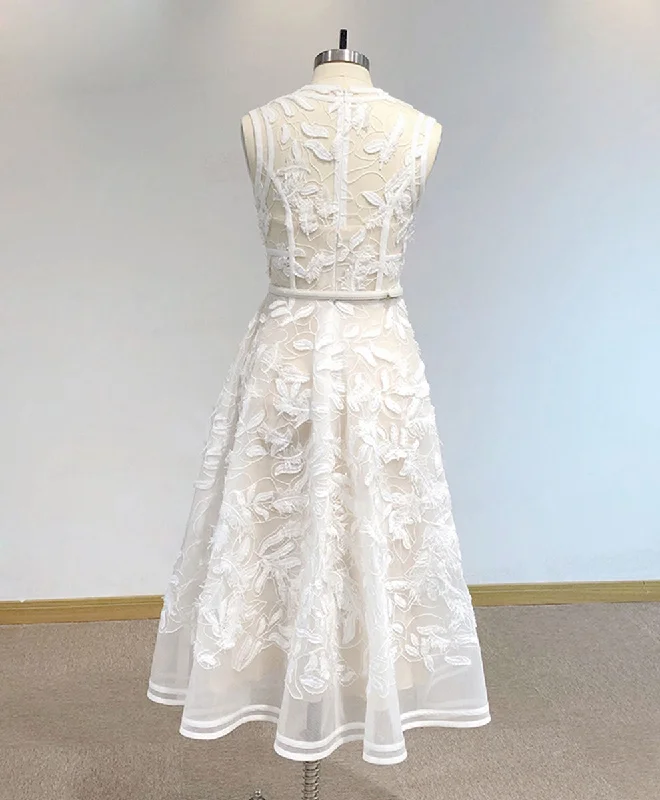 White High Neck Tulle Lace Prom Dress, Lace Formal Party Dress Square Neckline Feminine