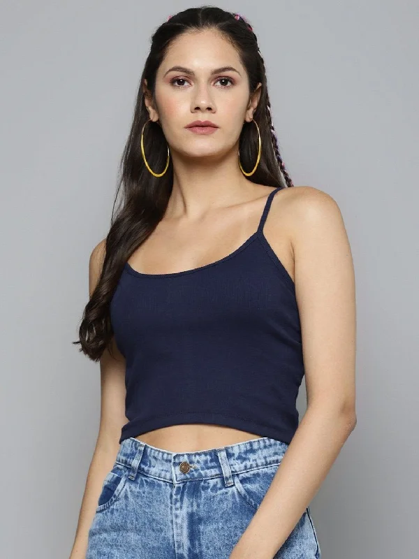 Women's Navy Strappy Crop Top - SASSAFRAS Anti-Shrink Durable Soft