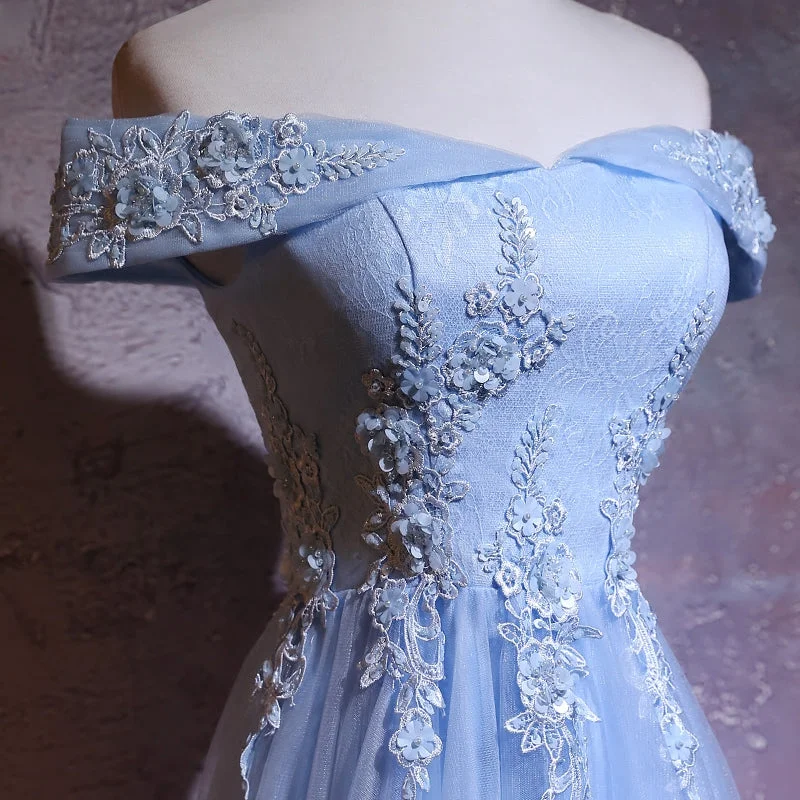 Charming Blue Elegant Tulle Party Dress with Lace Applique, Long Prom Dress Tunics Sophisticated sleek