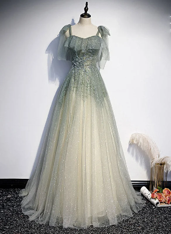 Green Tulle Straps A-line Beaded Long Prom Dress, Green Evening Party Dress Halter Neckline Beach