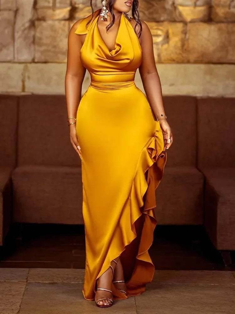 2023 Autumn Dresses For Women Satin Halter Cowl Neck Ruffles Slit Backless Party Dress Vestidos De Mujer Casual Maxi Robe Female Tunics Essential wardrobe
