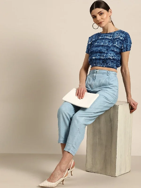 Women's Navy Shibori Print Crop Top - SHAE Casual Formal Business