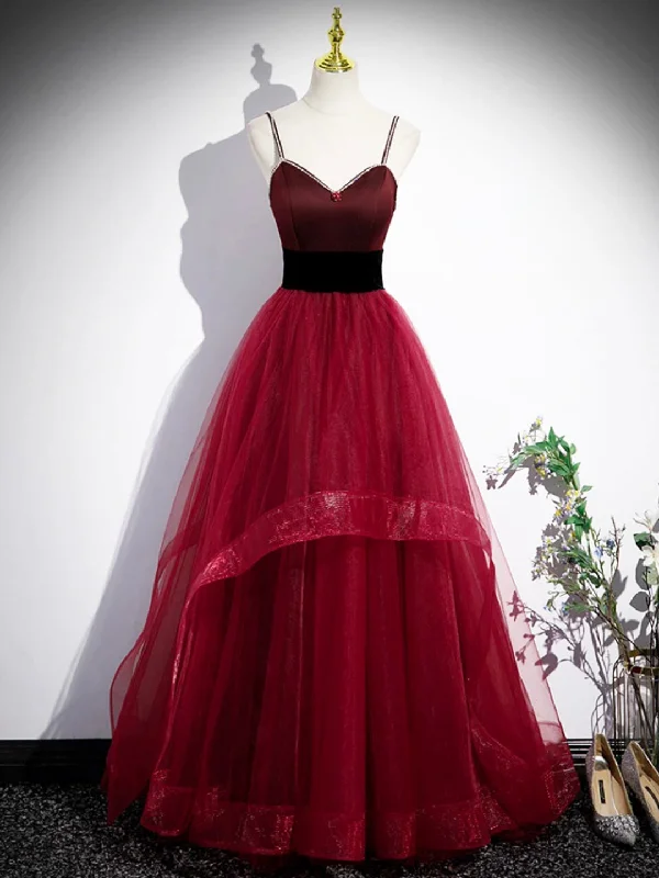 Burgundy Spaghetti Strap Tulle Long Corset Prom Dress, A-Line Evening Party Dress Tunics Practical easy-care