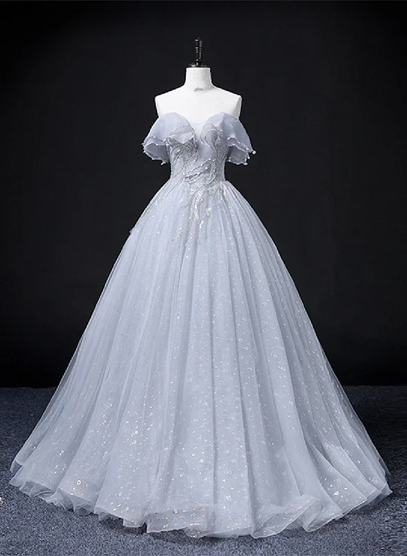 Sliver Grey Tulle Off Shoulder Long Party Dress, Tulle Evening Dress Prom Dress Pleated Skirt Elegant