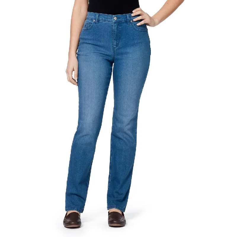 Womens Pocket Med Wash Straight Leg Pants Relaxed High-Waist Trousers