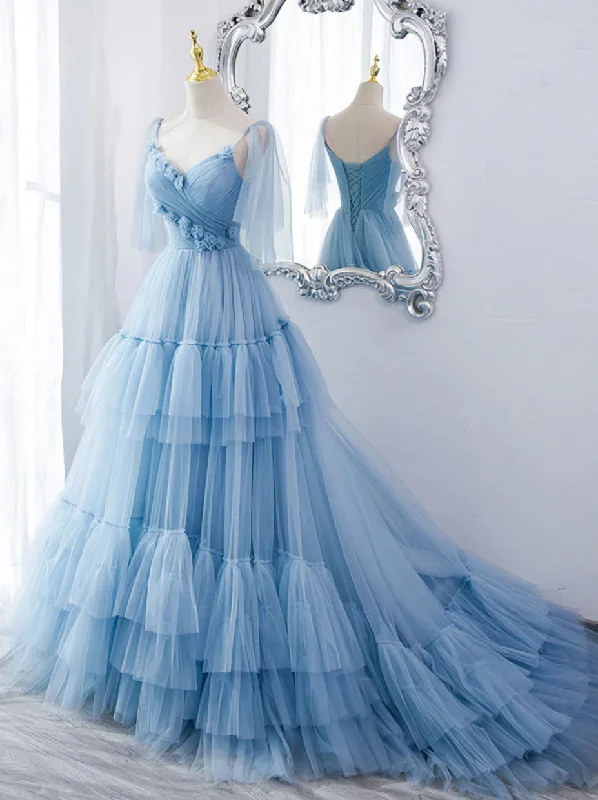 Lovely Light Blue Tulle with Straps Layers Long Formal Dresses, Blue Evening Gown Party Dresses Tunics Gym athletic
