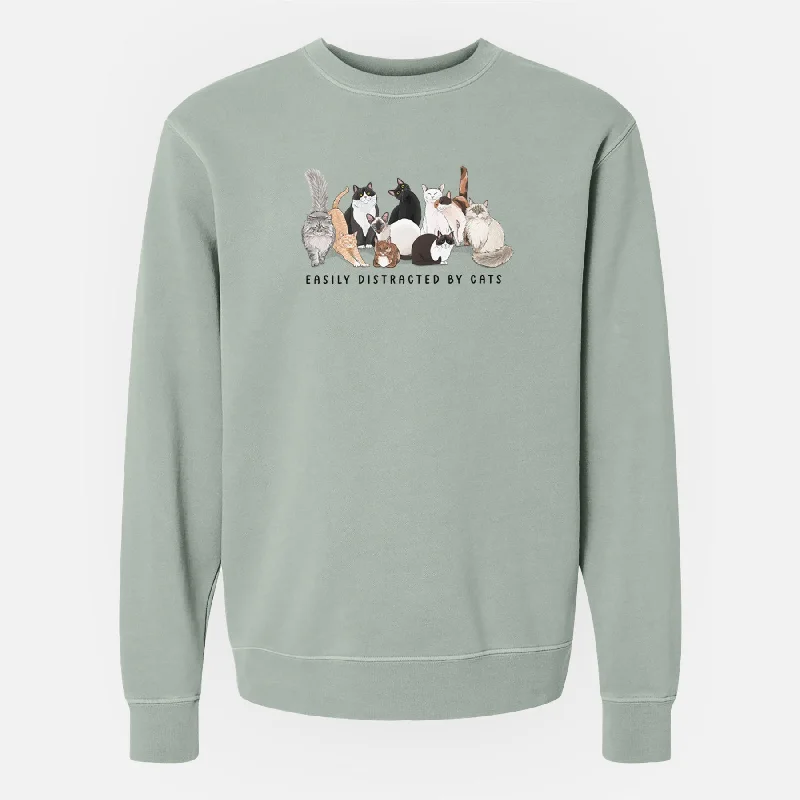 Vibrant Easily Distracted by Cats - Unisex Pigment Dyed Crew Sweatshirt Hoodie with Back Slit Movement Comfort