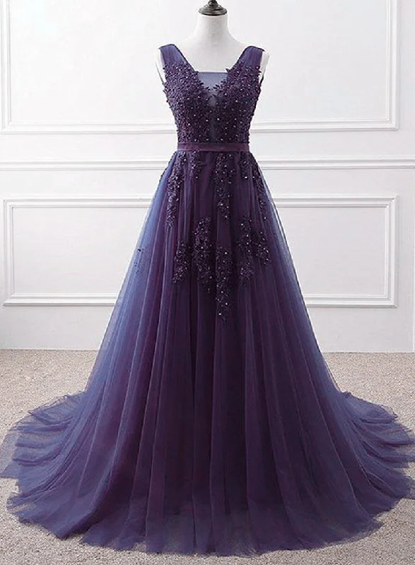 Purple Tulle Beaded Long Formal Party Dress, Dark Purple Evening Dress Tunics Floral girly