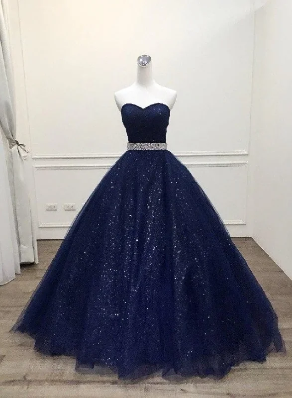 Blue Tulle Long Evening Gown Party Dress, Navy Blue Sweet 16 Gown Tunics Long Elegant