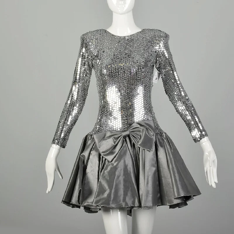 XS 1980s Silver Sequin Party Dress Bow Drop Waist Long Sleeve Tunics Cozy comfortable
