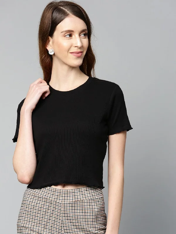 Women's Black Rib Round Neck Crop Top - SASSAFRAS Cashmere Blend Cotton Blend Poly Blend