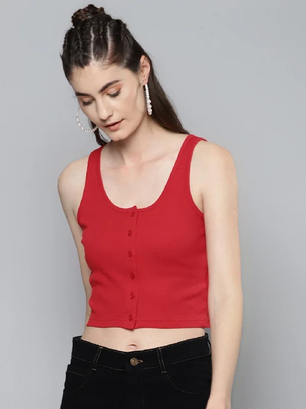 Women's Red Front Button Sleeveless Crop Top - SASSAFRAS Solid Print Embellished