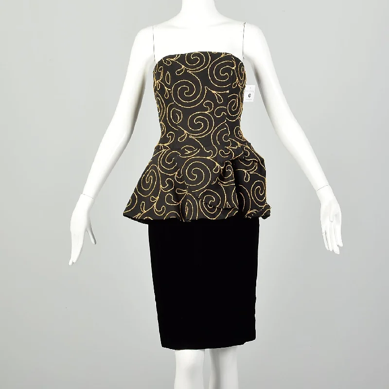 Small 1980s Nipon Black Strapless Party Dress Peplum with Gold Swirl Tunics Distressed trendy