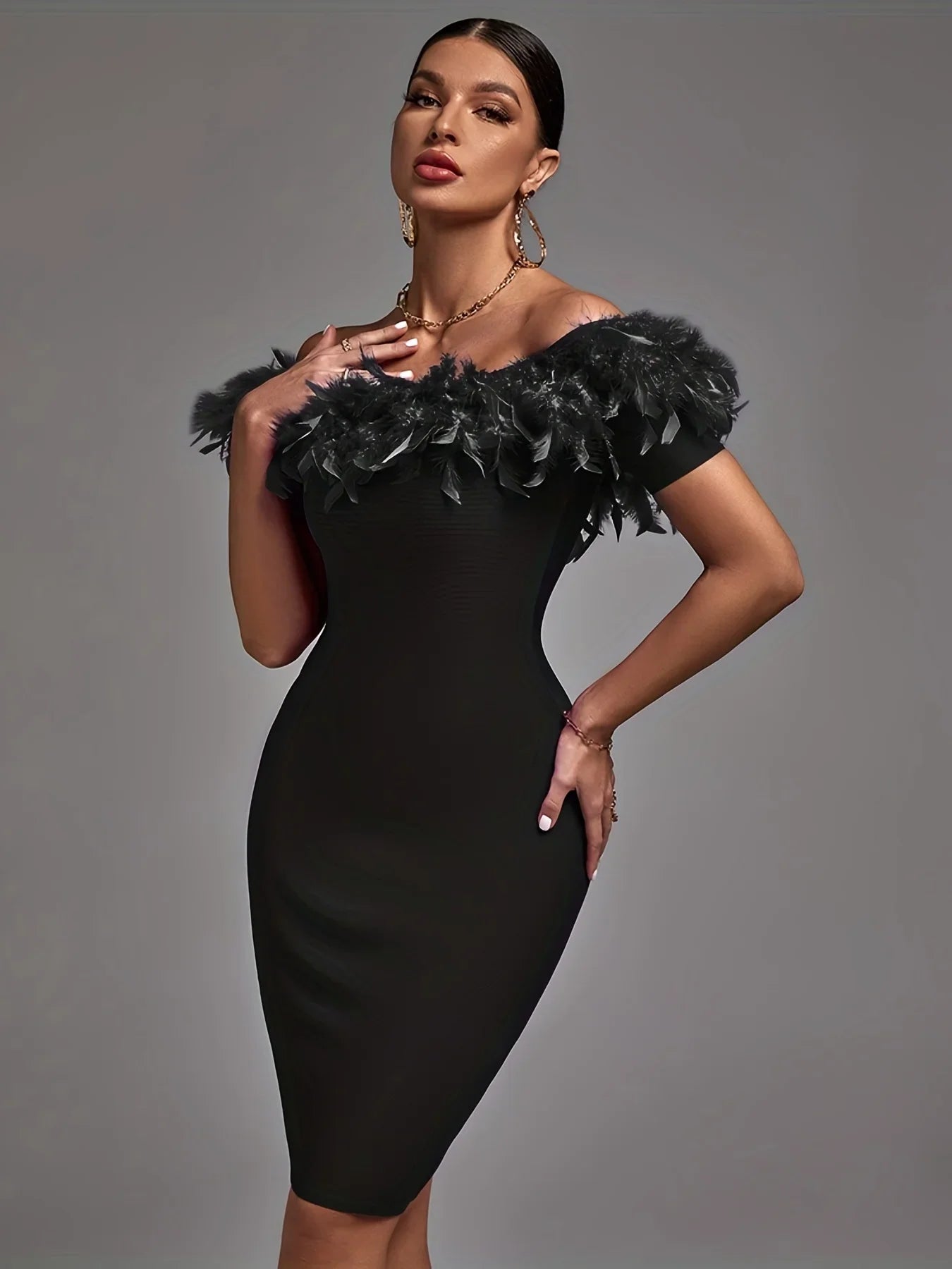 Black Bandage Dress Women Feather Party Dress Bodycon Elegant Sexy Off Shoulder Birthday Evening Club Outfits New Year 2024 Tunics Timeless classic