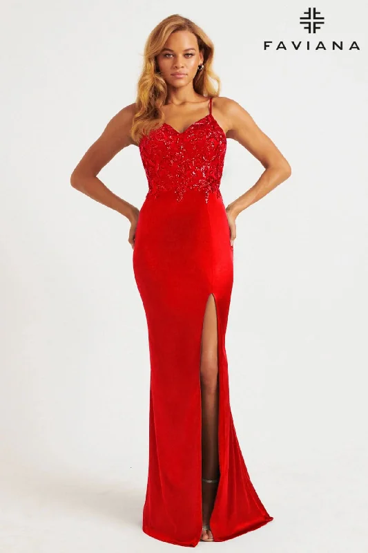 Red Sleek Satin Dress With Sequin Appliqué Bodice And Unique Lace-Up Open Back | 11200 Crew Neckline Casual