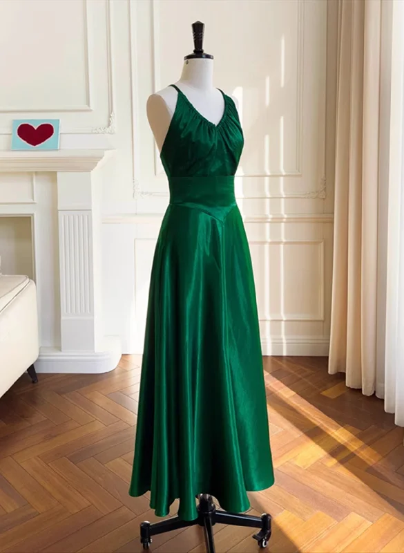 Green A-line Soft Satin Cross Back Evening Dress, Green Prom Dress Party Dress Tunics Sophisticated sleek