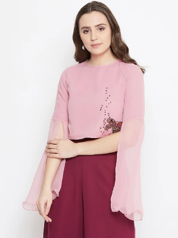 Women's Peach Hand Sequinned Crop Top  - BitterLime Front Pockets Side Pockets Patch Pockets
