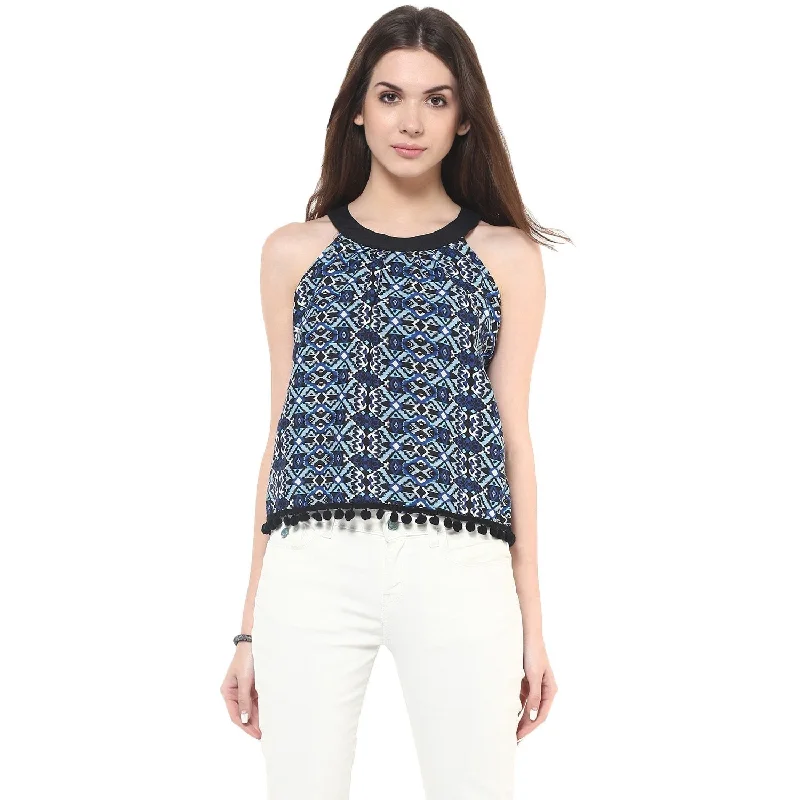 Women's Printed Pom-Pom Crop Top - Pannkh Polka Dot Checkered Tartan