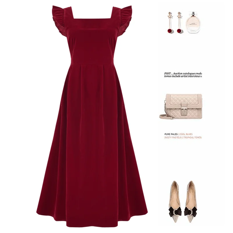 Red Square-Collar Party Dress: Sophisticated Evening Elegance Tunics Polka dots