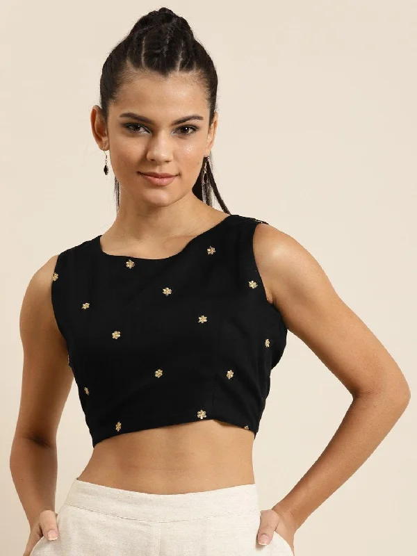 Women's Black Sleeveless Embroidered Crop Top - SHAE Elasticated Padded Insulated