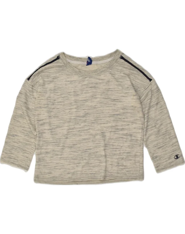 CHAMPION Womens Graphic 3/4 Sleeve Crop Top UK 18 XL  Grey Pinstripe Fleece Nylon Spandex