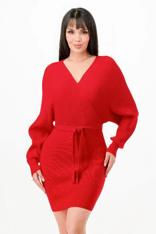 Off Shoulder Wrap Belted Ribbed Sweather Dress Tunics Office stylish