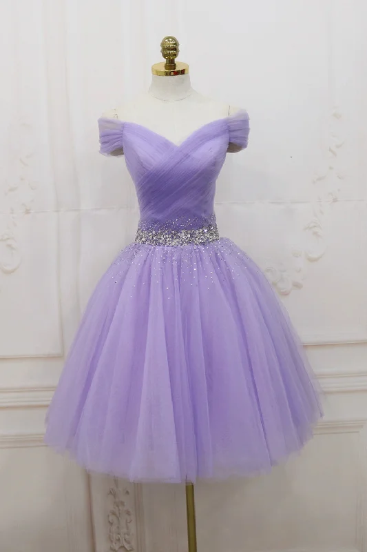 Purple Tulle Beaded Short Prom Dress, Off Shoulder Party Dress Tunics Versatile stylish