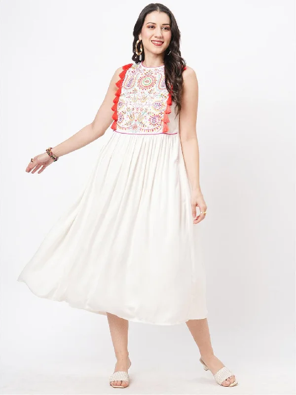 Hashtag Be Featuring a Offwhite boho calf length airy dress with tassel and embroidery Tunics Yoga stretchy