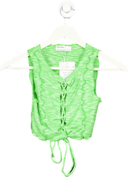 Bershka Green Lace-Up Crop Top UK XS Cotton Fabric Linen Fabric Terry Fabric