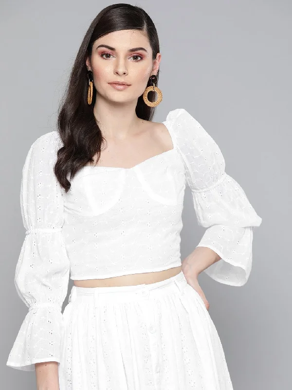 Women's White Schiffli Bishop Sleeve Crop Top - SASSAFRAS Polka Dot Checkered Tartan Women's White Schiffli Bishop Sleeve Crop Top - SASSAFRAS Polka Dot Checkered Tartan