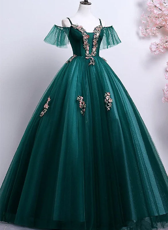 Dark Green Off Shoulder Tulle Party Dress with Lace, Green Formal Dress Prom Dress Tunics Office stylish