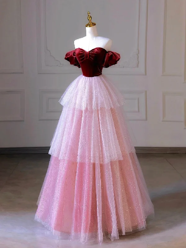 Burgundy Velvet and Layers Tulle Long Prom Dress, Off the Shoulder A-Line Evening Party Dress Tunics Cozy comfortable